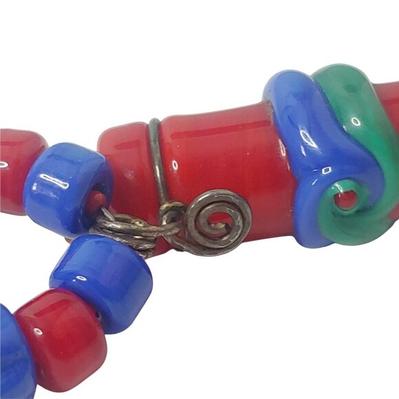 Beaded Art Glass Necklace Potion Bottle Charm Cork Red Blue Hippie Boho 11.5" - Picture 7 of 9